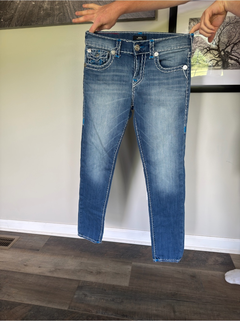 True Religion Men's Medium Blue Skinny Jeans with Contrast Stitching